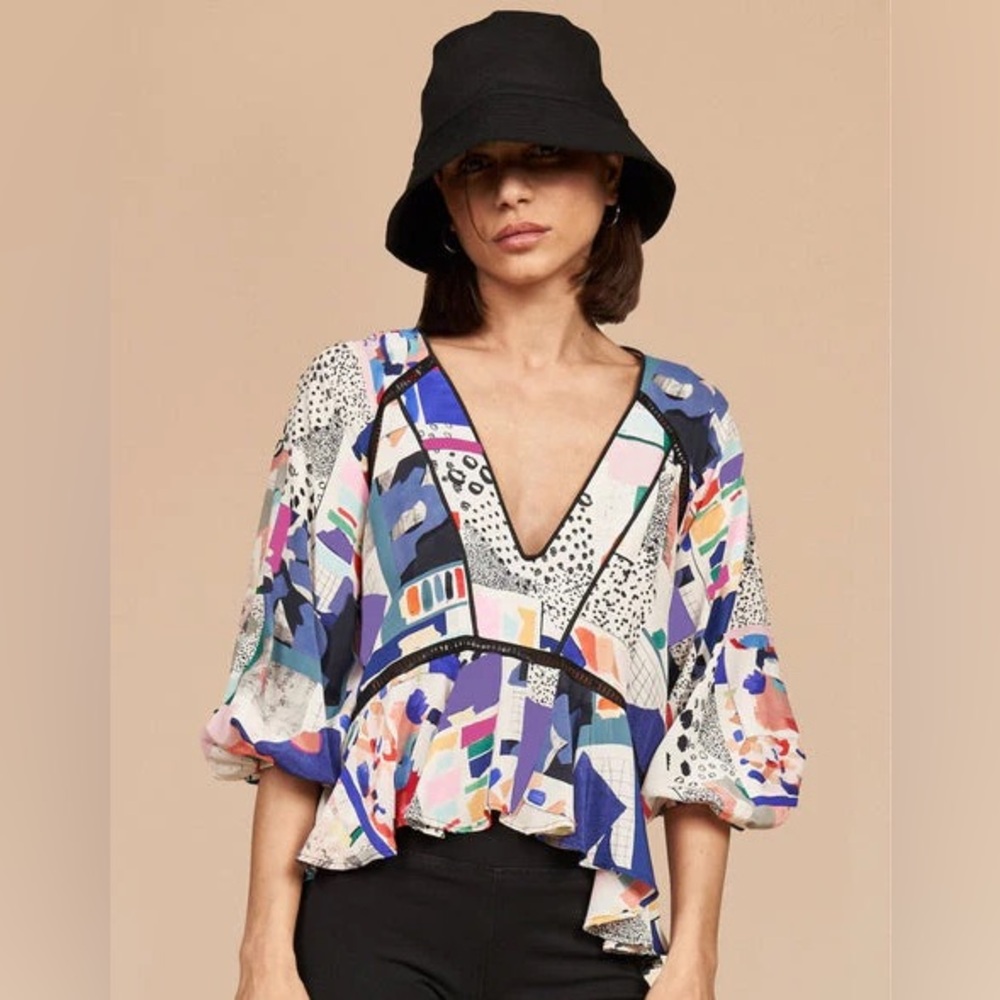 Hunter Bell Patchwork Grayson V Neck Top Blouse Small
